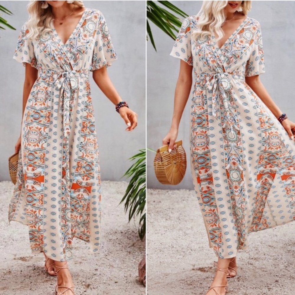 Boho floral print butterfly sleeve maxi dress